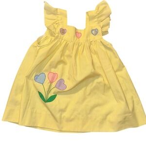 Vintage Adorable Yellow Gingham Heart Flowers Baby Girl Dress Ruffle Sleeves 24M